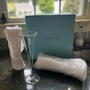 Tiffany Co vintage champagne crystal fluted hollow stem glasses. NEVER USED